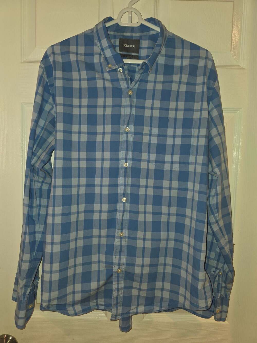 Bonobos Mens Slim Fit Button Up Long Sleeve Blue Plaid Checkered Shirt